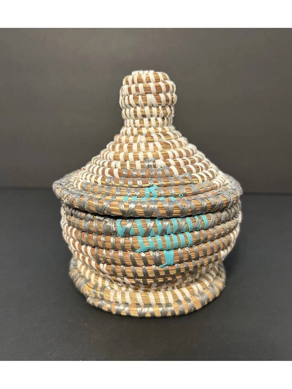 Senegal Hand Woven Small Backet Pot W/ Lid Multicolor Storage Trinket 6